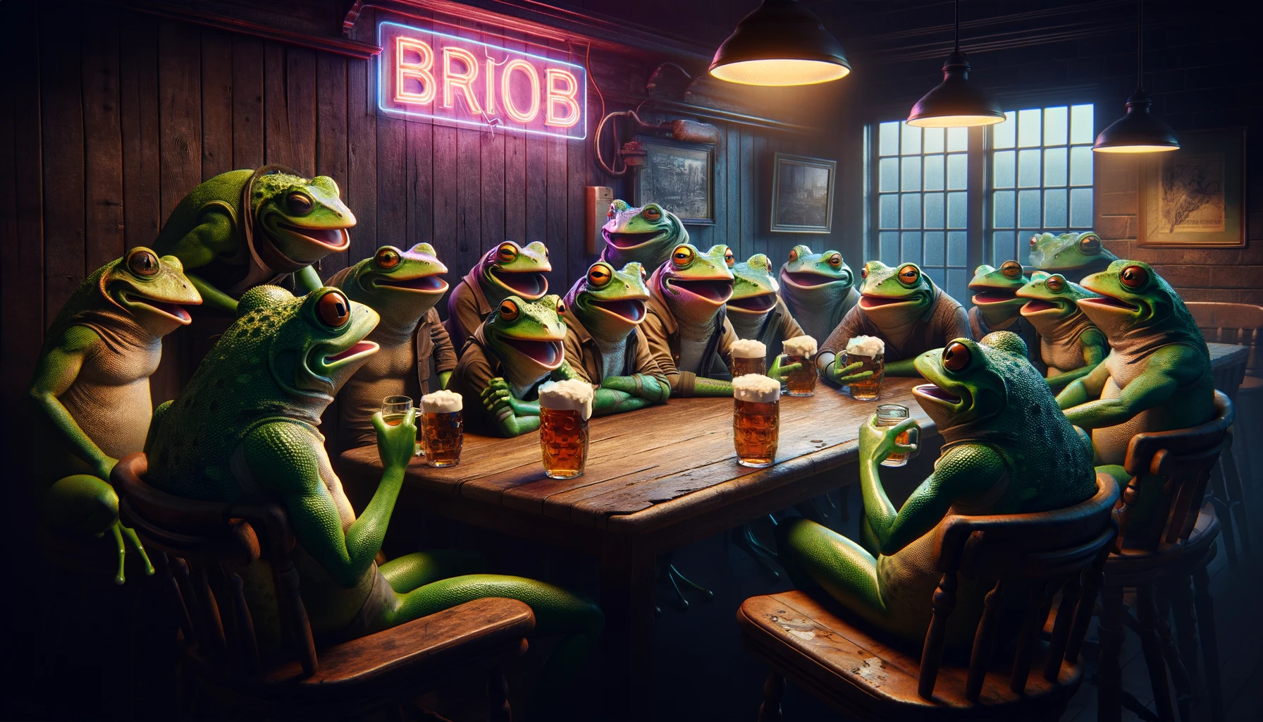 Group of frogs drinking beer in a bar