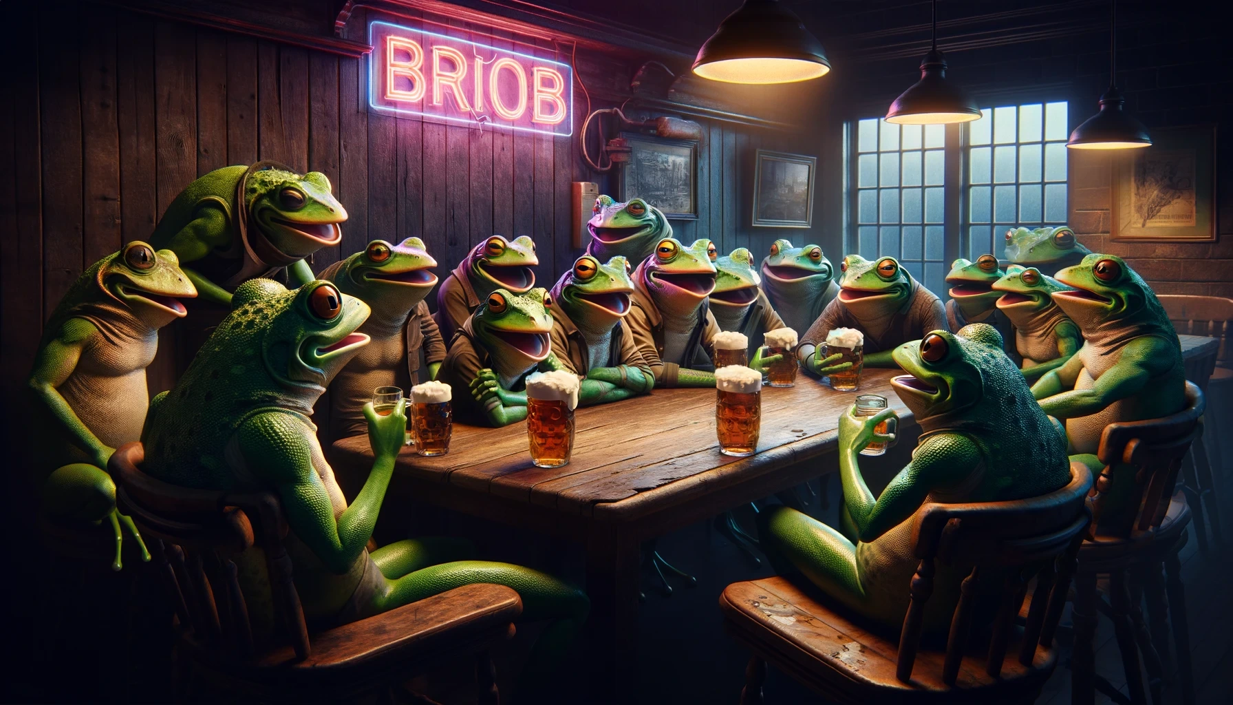 Frogs drsinking in a bar